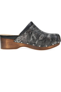 dansko Women's Andie Wood Clogs in grey snake - women's shoe - detail view