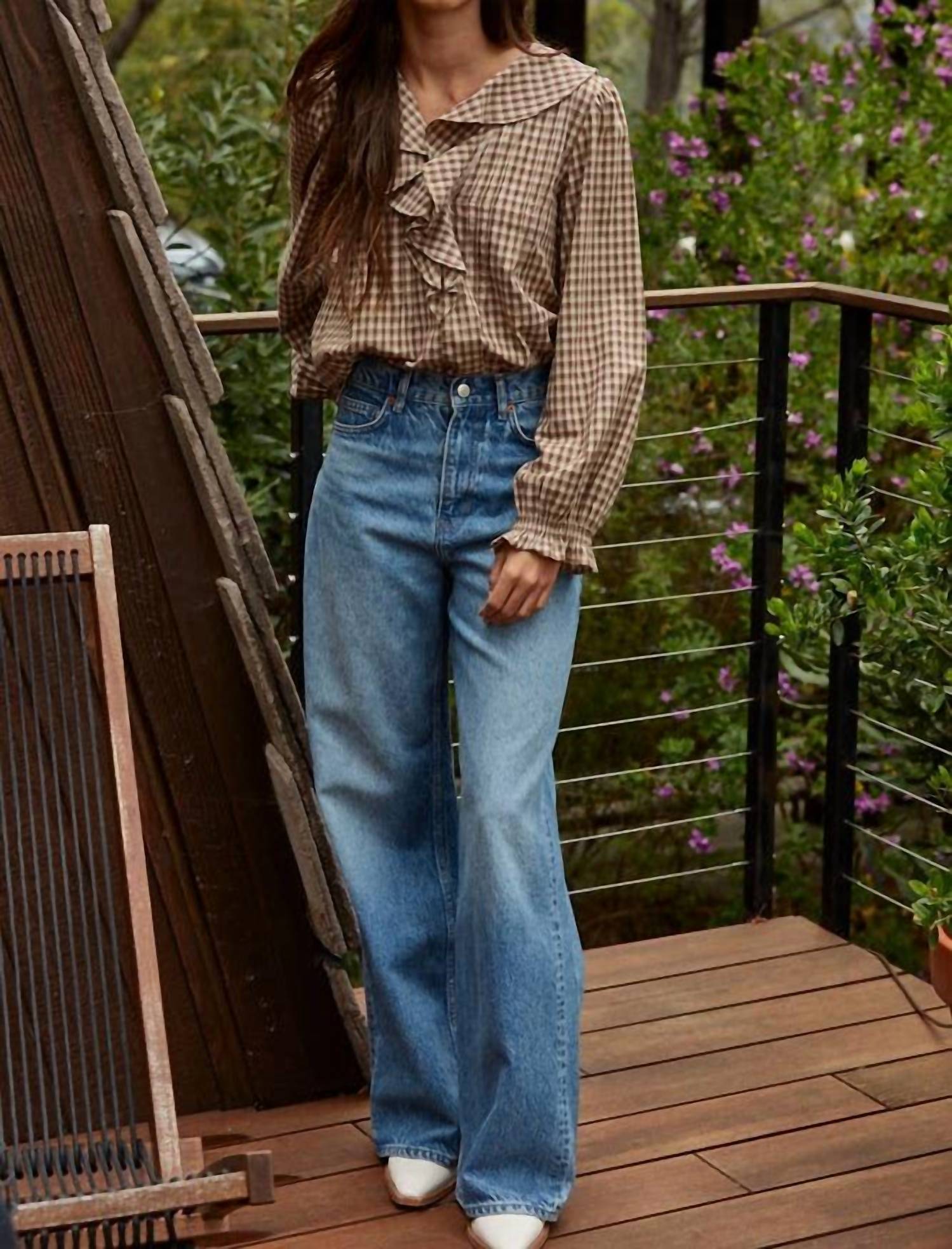 By Together - Woven Cotton Gingham Ruffled Blouse