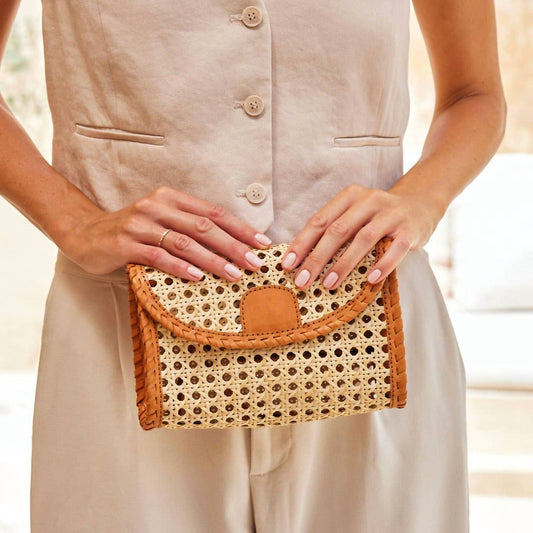 The Winding Road - Women's Rattan Clutch With Leather Trim And Crossbody Strap