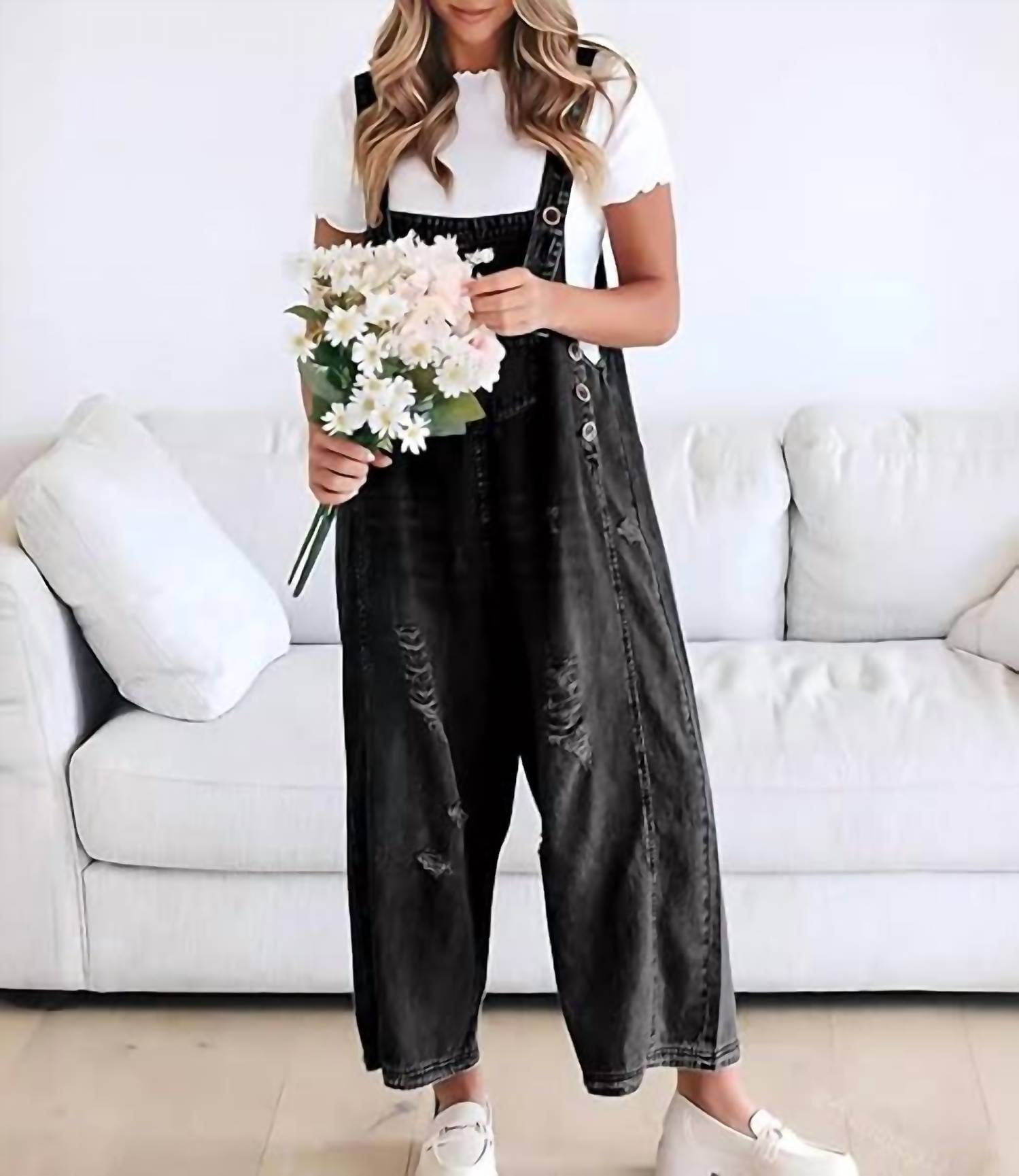 Rosa Clothing Southern Country Distressed Washed Denim Overall in black - women's pants