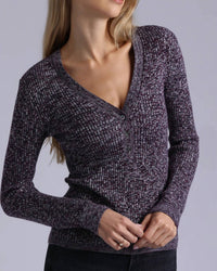 Minnie Rose - Supima Cotton Cashmere Rib Marled Henley Top