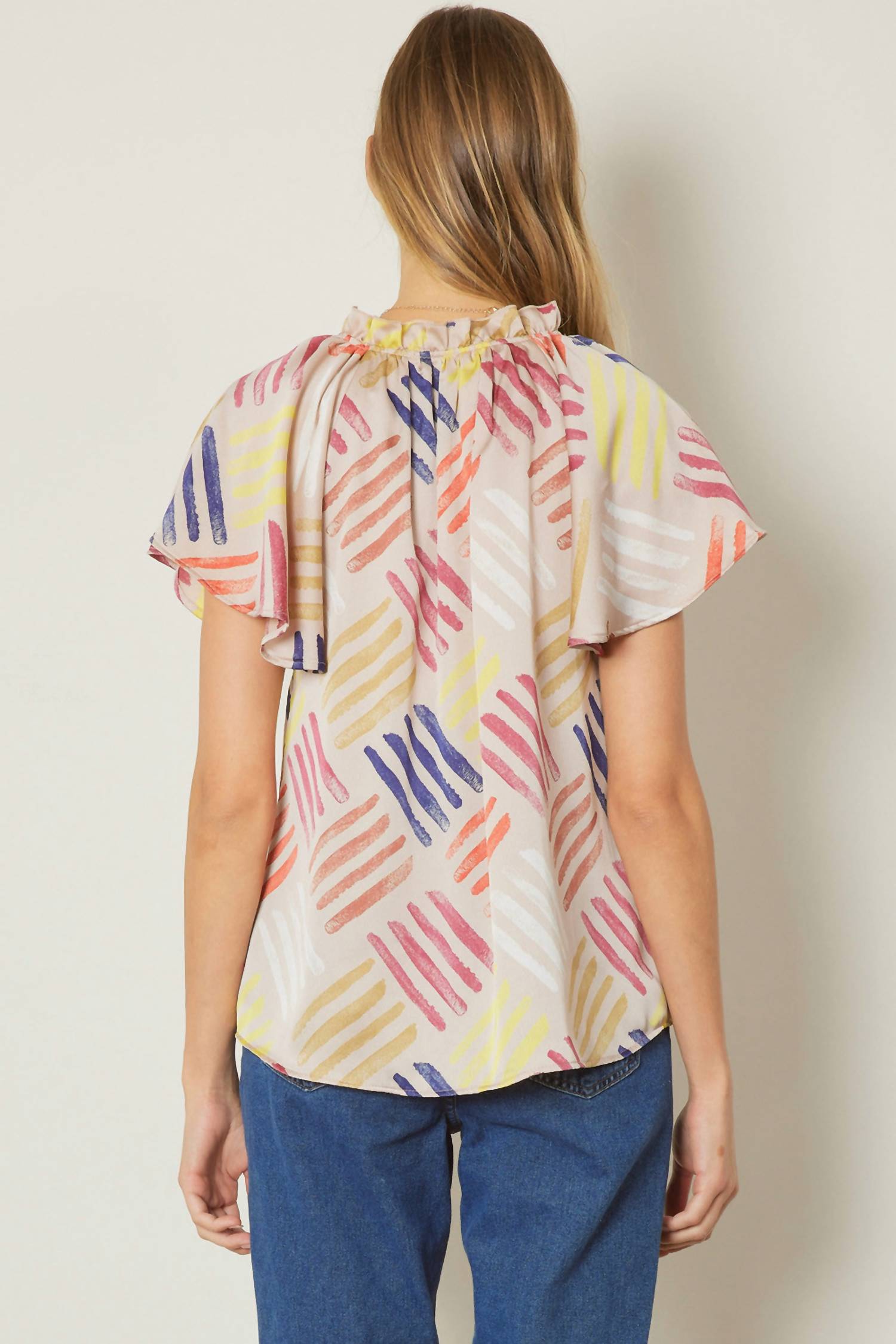 entro V-neck Flutter Sleeve Blouse in latte - women's blouse - alternate view
