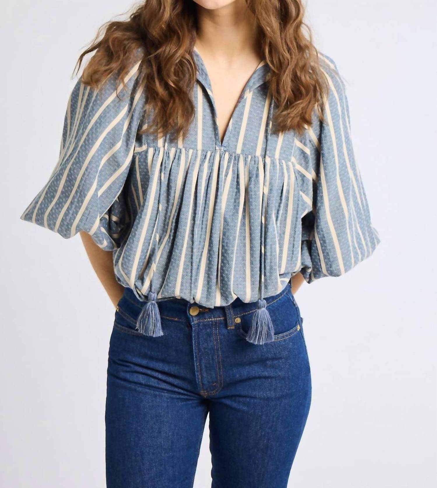 MILLE Charlie Tie Top in chambray stripe - women's blouse - detail view