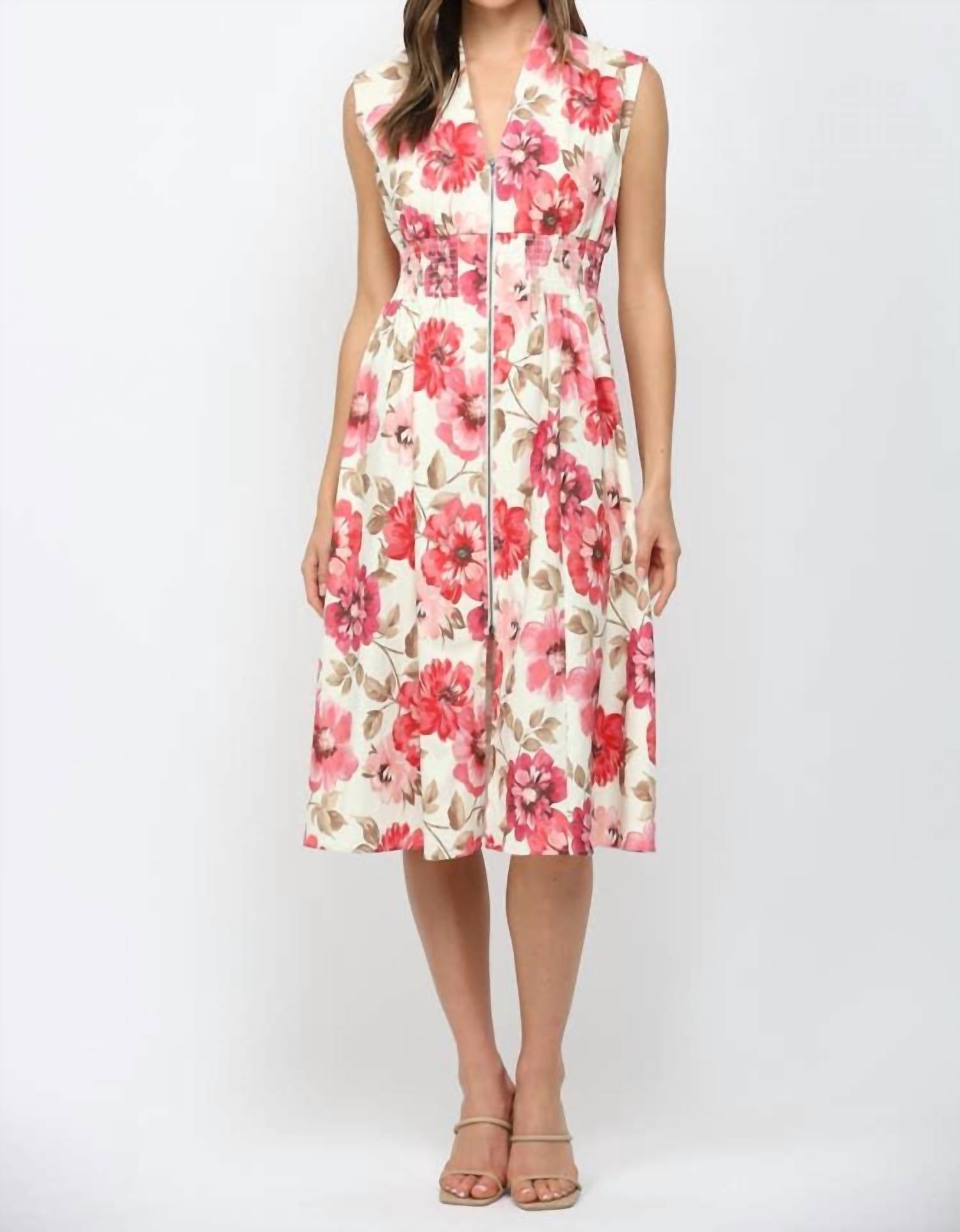 Fate - Floral Smocked Waist Front Zip Dress