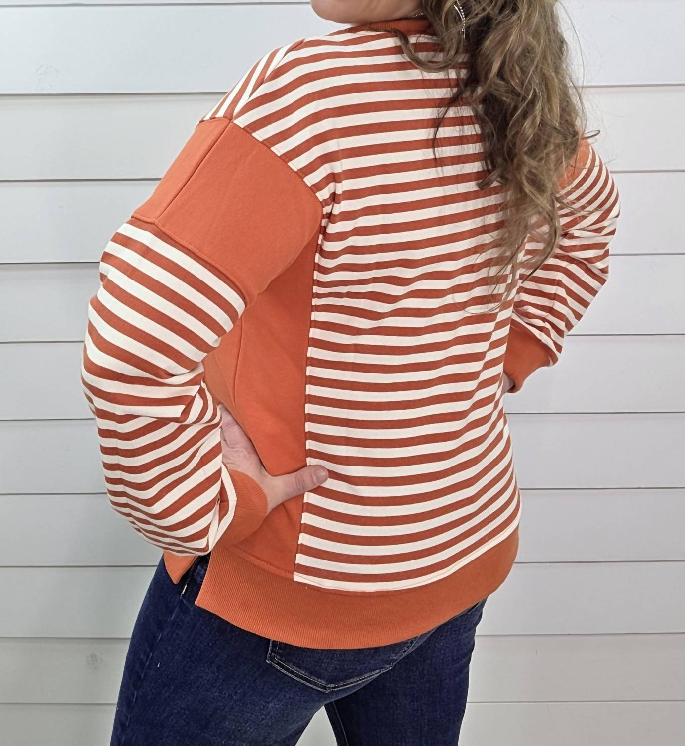 STACCATO Striped French Terry Pullover in tangerine cream - women's sweater - view 5