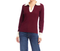 Karen Kane Contrast Ribbed Polo Sweater in wine with cream - women's sweater
