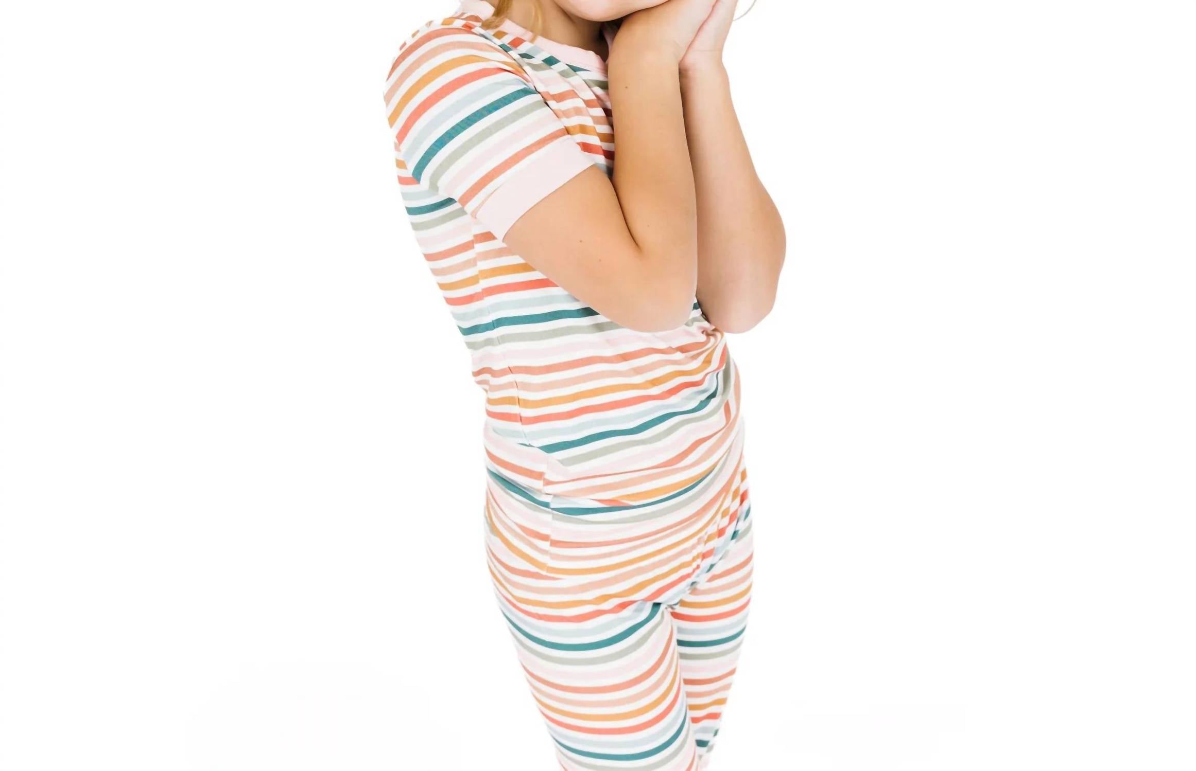 Emerson And Friends - Kids Sunset Stripe Two-piece Bamboo Short Sleeve Pajama Pants Set