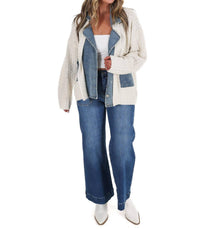 Blu Pepper - Mixed Media Cable Knit Denim Trim Jacket