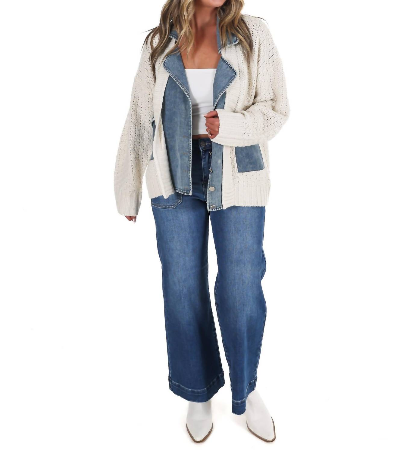 Blu Pepper - Mixed Media Cable Knit Denim Trim Jacket