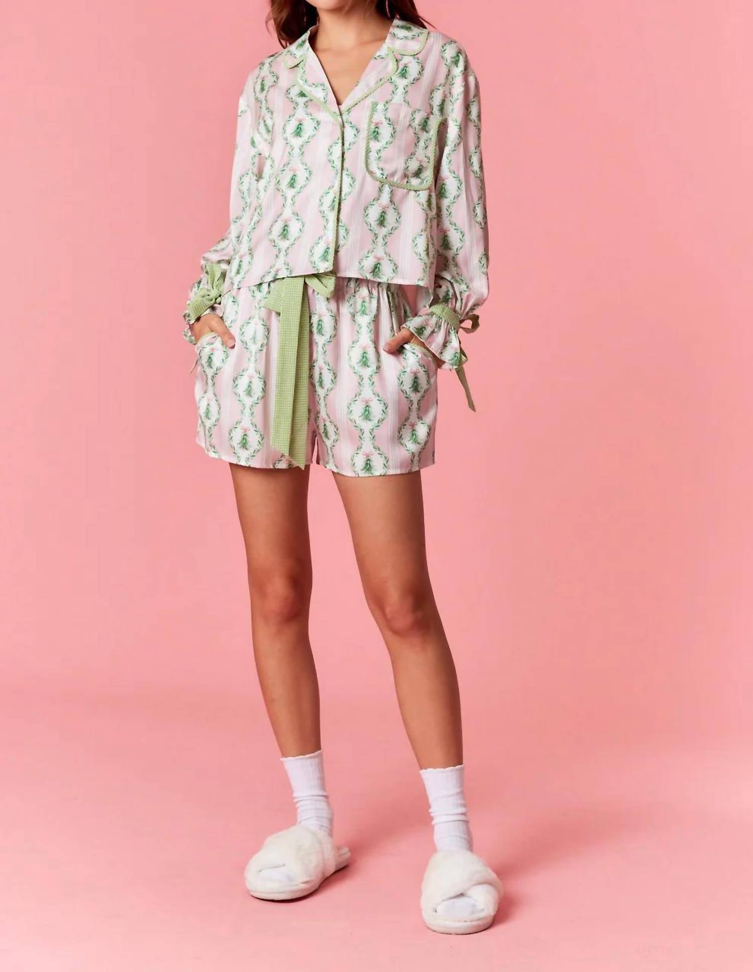 Peach Love Under The Tree Satin Christmas Pajama Set in pink green - women's sleepwear - alternate view