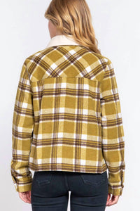 Active Usa - Faux Fur Collar Plaid Shacket