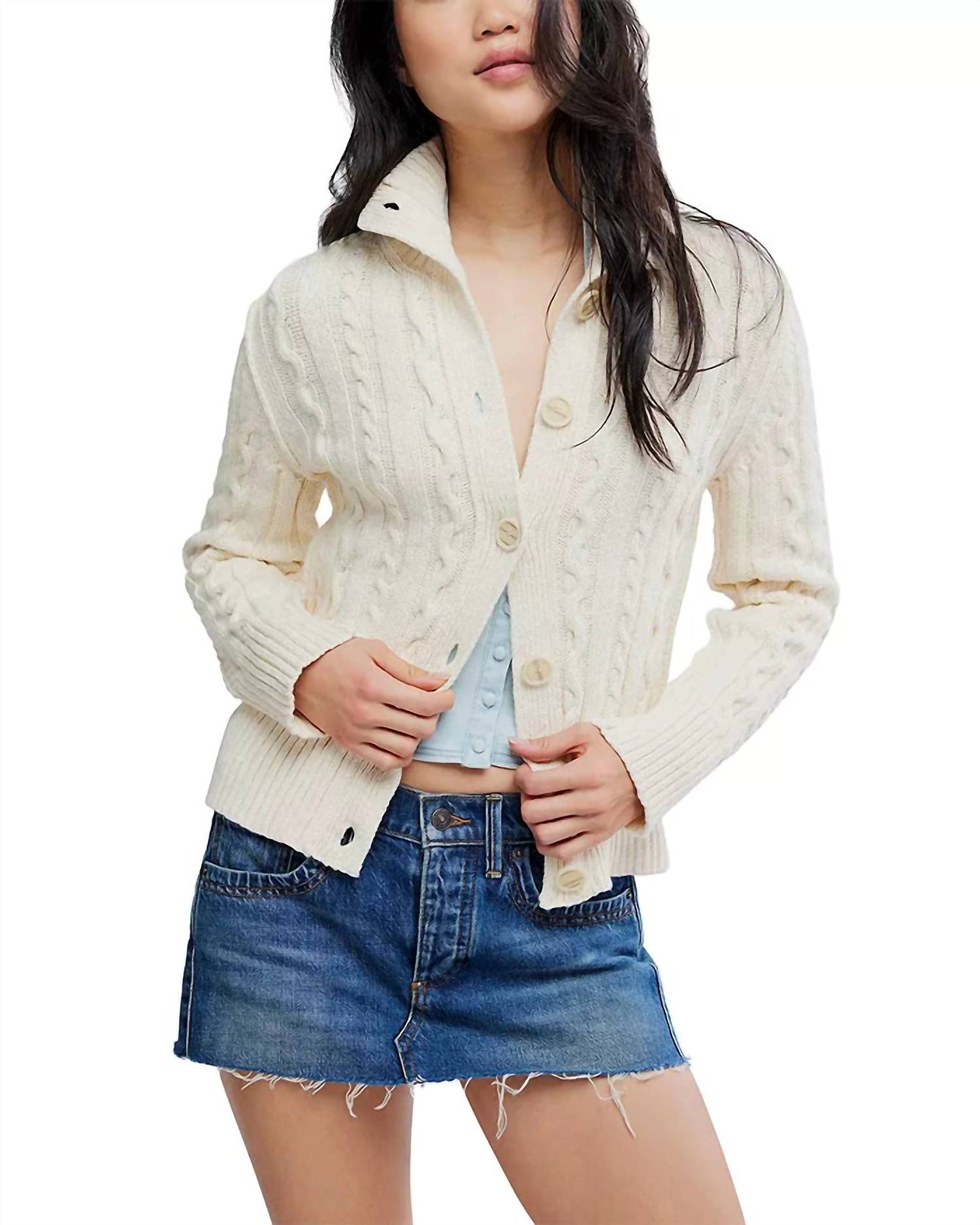 Free People Cable Collar Cardigan in clean ivory - women's cardigan - detail view