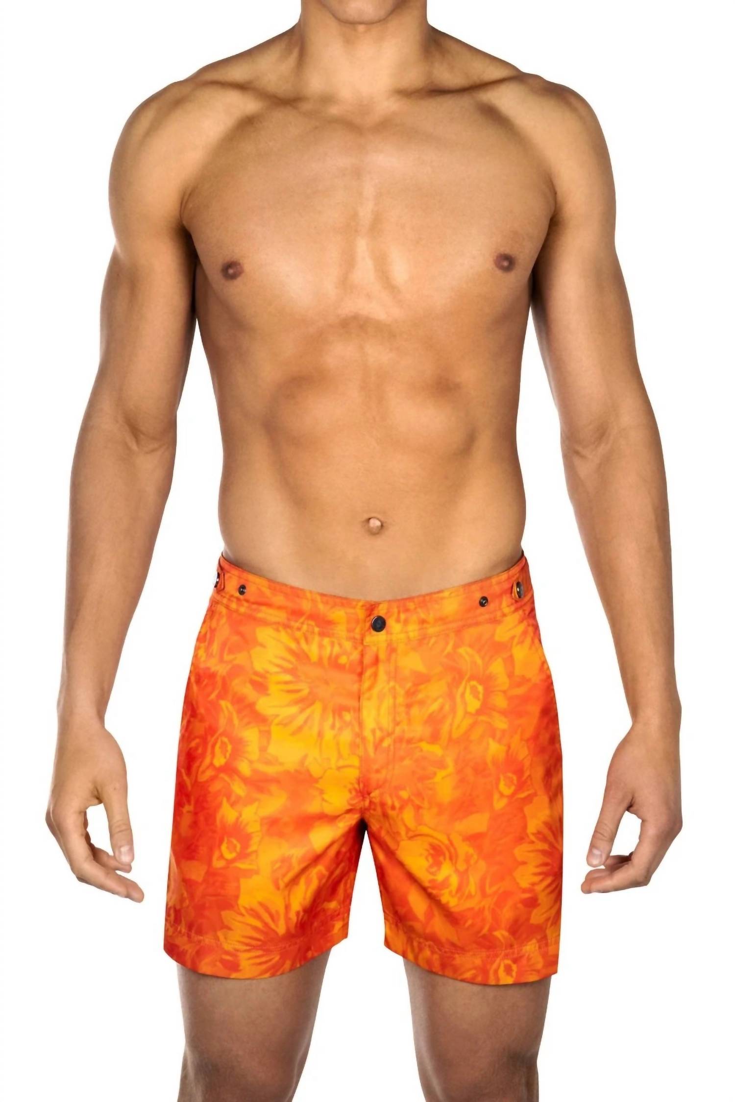 Prince & Bond Men's Elvio Sunburst Swim Shorts in orange floral print - men's swimwear