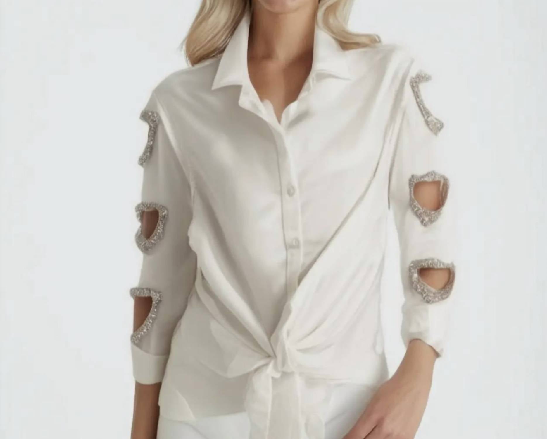Suzy T - Heart cut out button down blouse sparkle with crystals