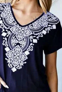 HEIMISH USA Damask V-neck Dolman Top in navy - women's t-shirt - detail view