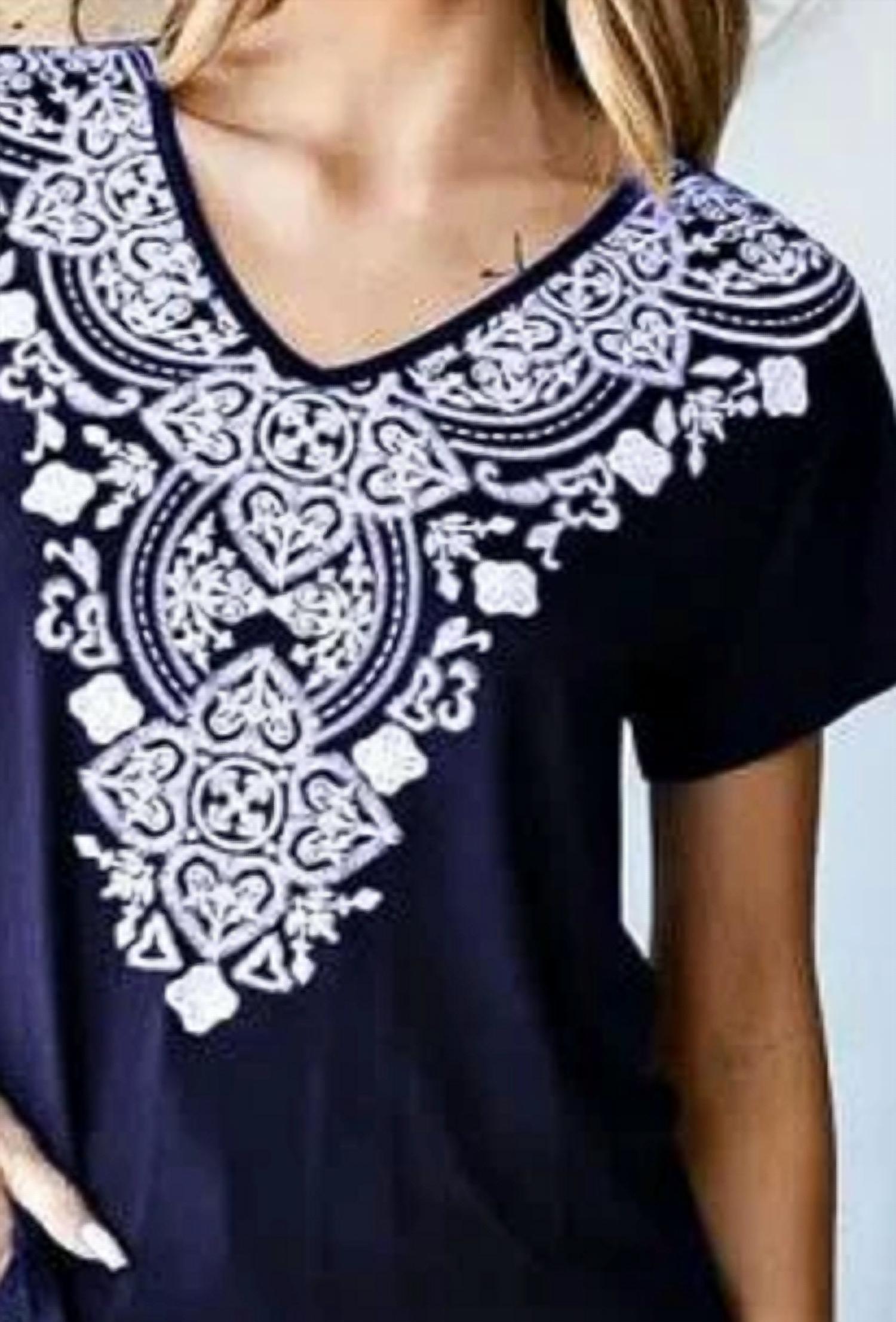 HEIMISH USA Damask V-neck Dolman Top in navy - women's t-shirt - detail view
