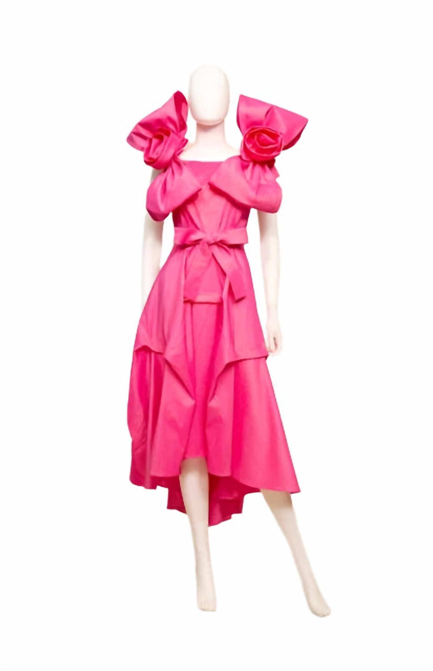 Samuel Dong - Women's Stretch Pleated A-line Dress With Removable Rose Bows