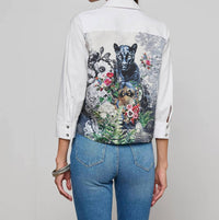 L'Agence Fawn Panther Print Shirt in ivory multi floral scarf - women's shirt - detail view