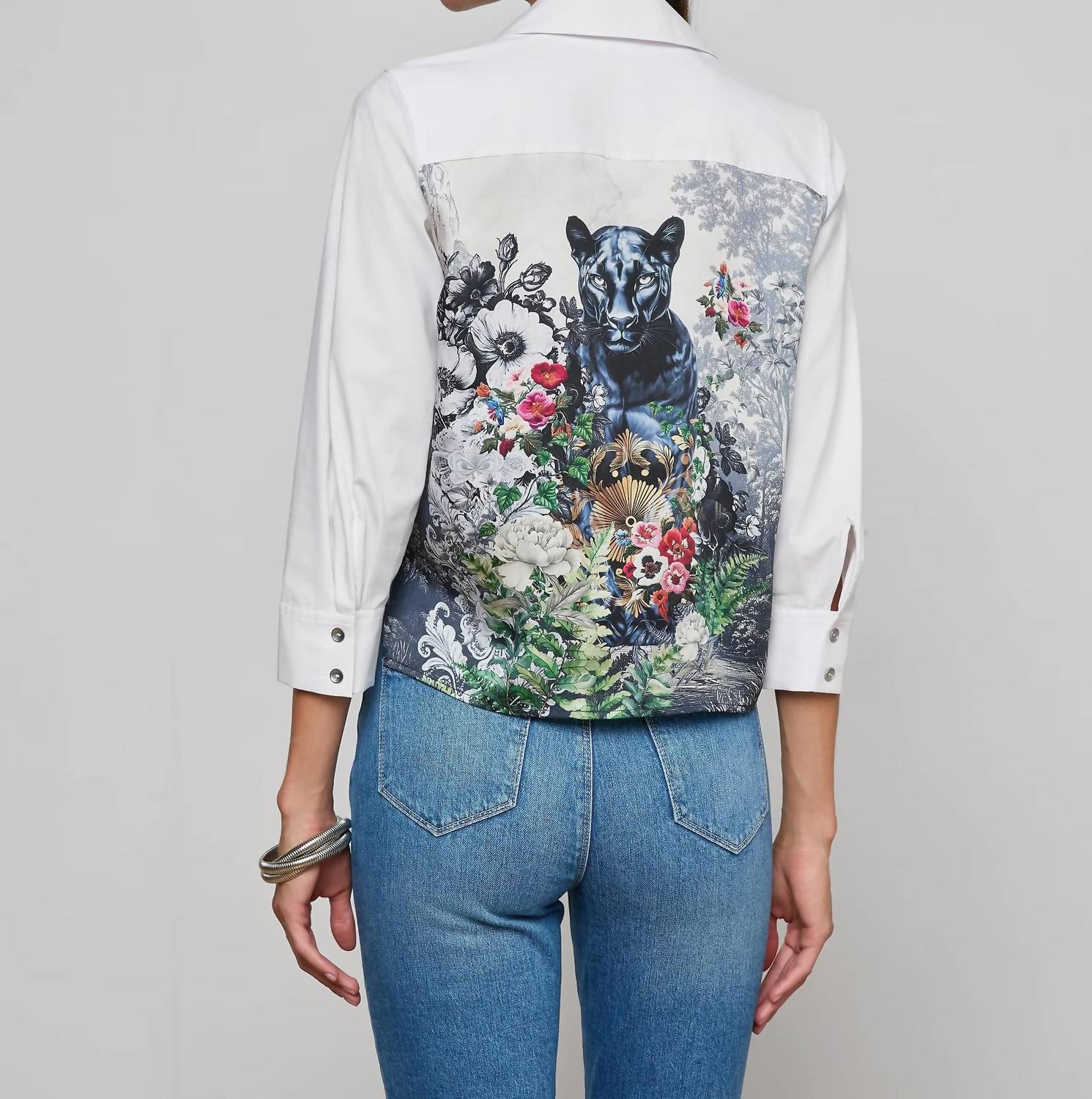 L'Agence Fawn Panther Print Shirt in ivory multi floral scarf - women's shirt - detail view