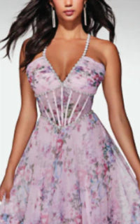 ALYCE PARIS Floral A-Line Dress With Pearl Accents in pink floral print - women's dress - detail view
