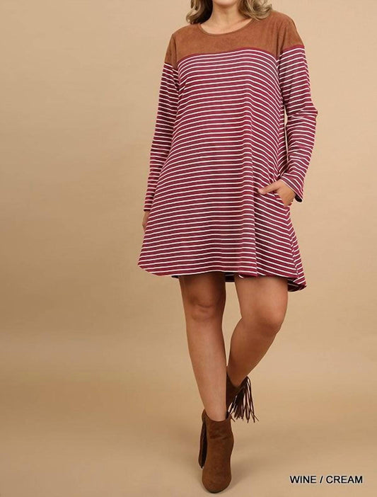 Stripe Plus Dress With Suede Shoulders And Elbow Patch