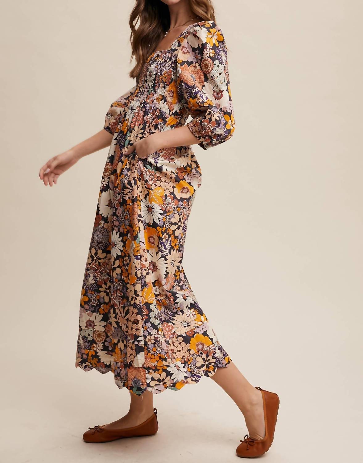 Listicle - Floral Smocked Puff Sleeve Maxi Dress