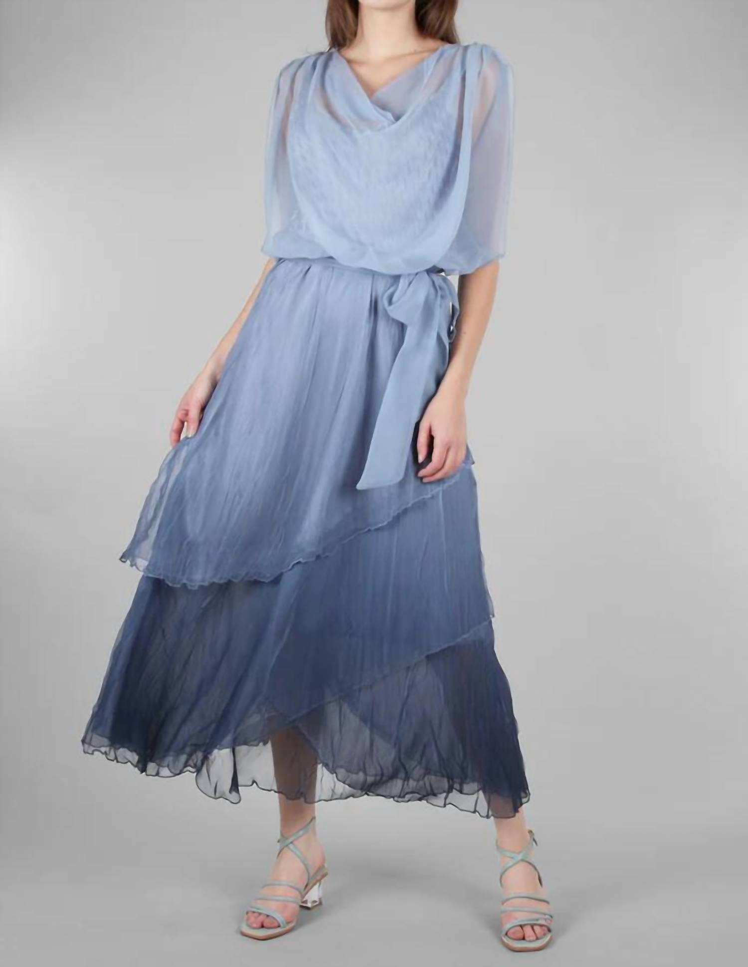 Komarov - Komarov Ombre Cowl Neck Tiered Chiffon Ruffle Dress - Violet Blue