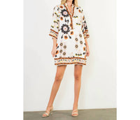 THML Floral Border Print Split Neck Tunic Dress in white - women's dress
