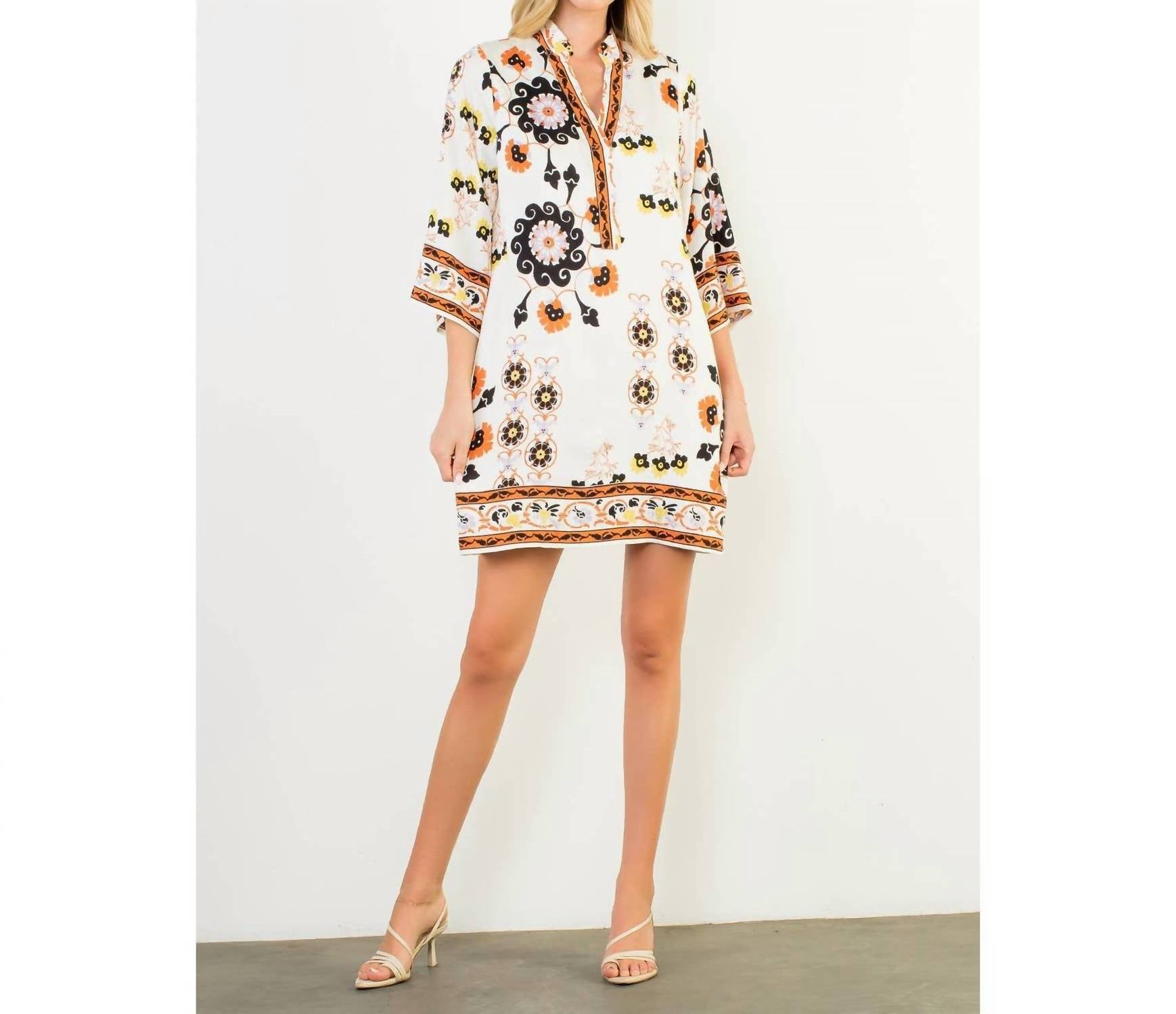 THML Floral Border Print Split Neck Tunic Dress in white - women's dress