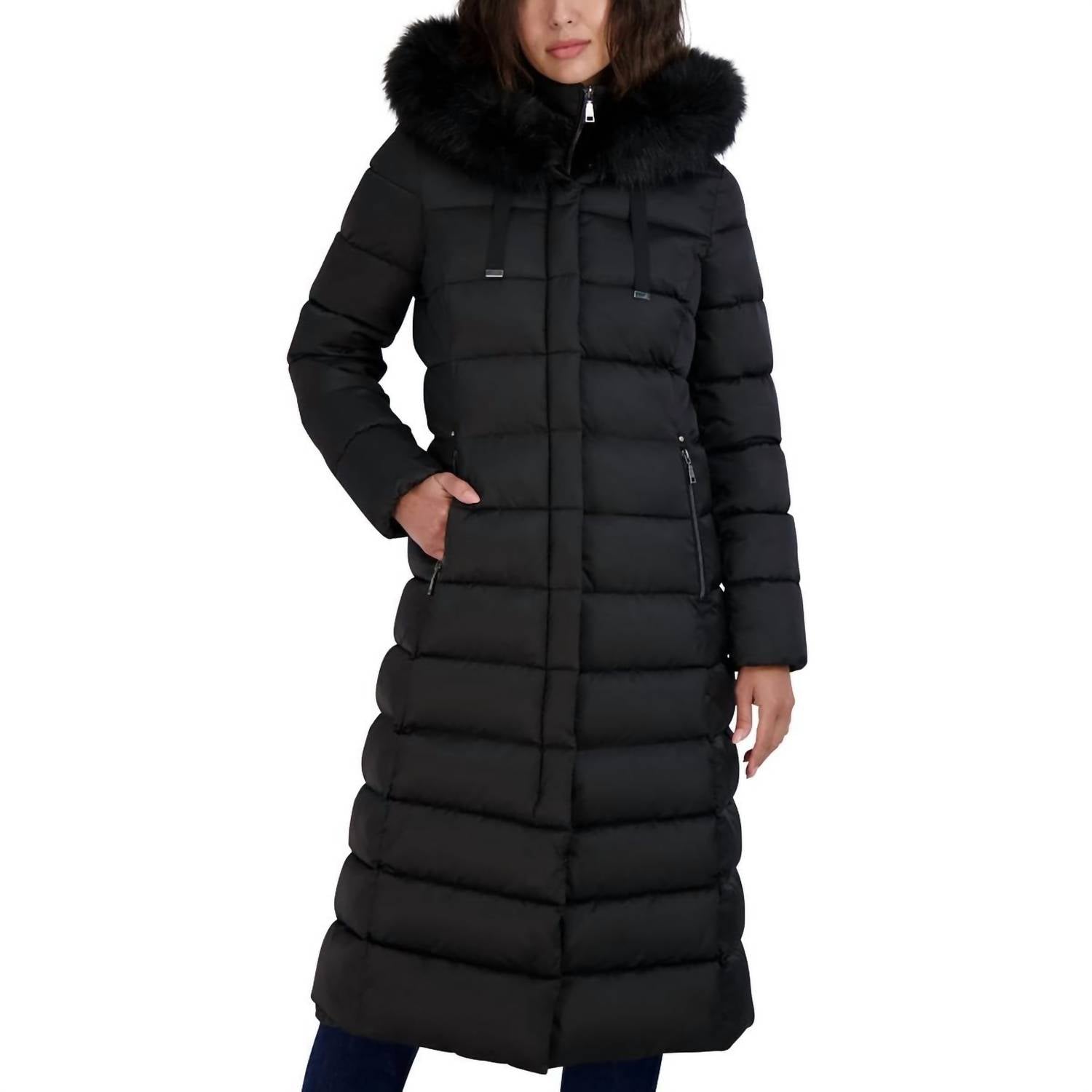 Tahari - Women's Phoebe Oversized Faux Fur Trim Maxi Coat