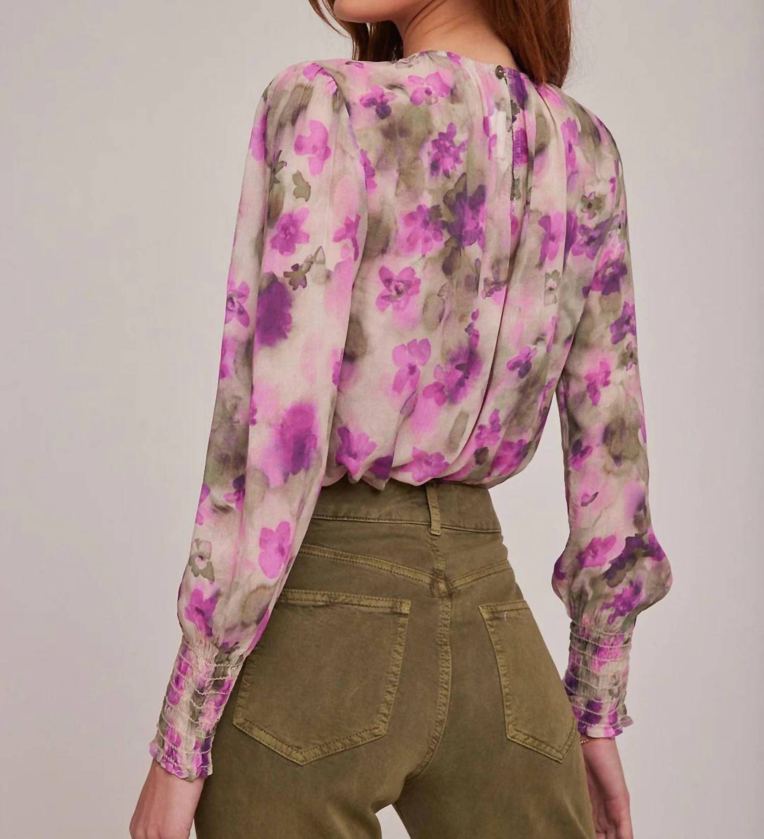Bella Dahl Smocked Sleeve Blouse in floral camo - women's blouse - alternate view