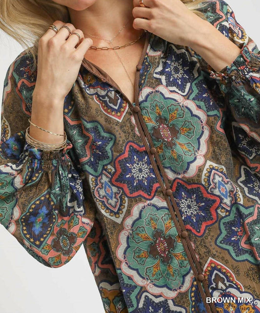 Umgee - Boho Mosaic Print Button Down Blouse With Balloon Sleeves