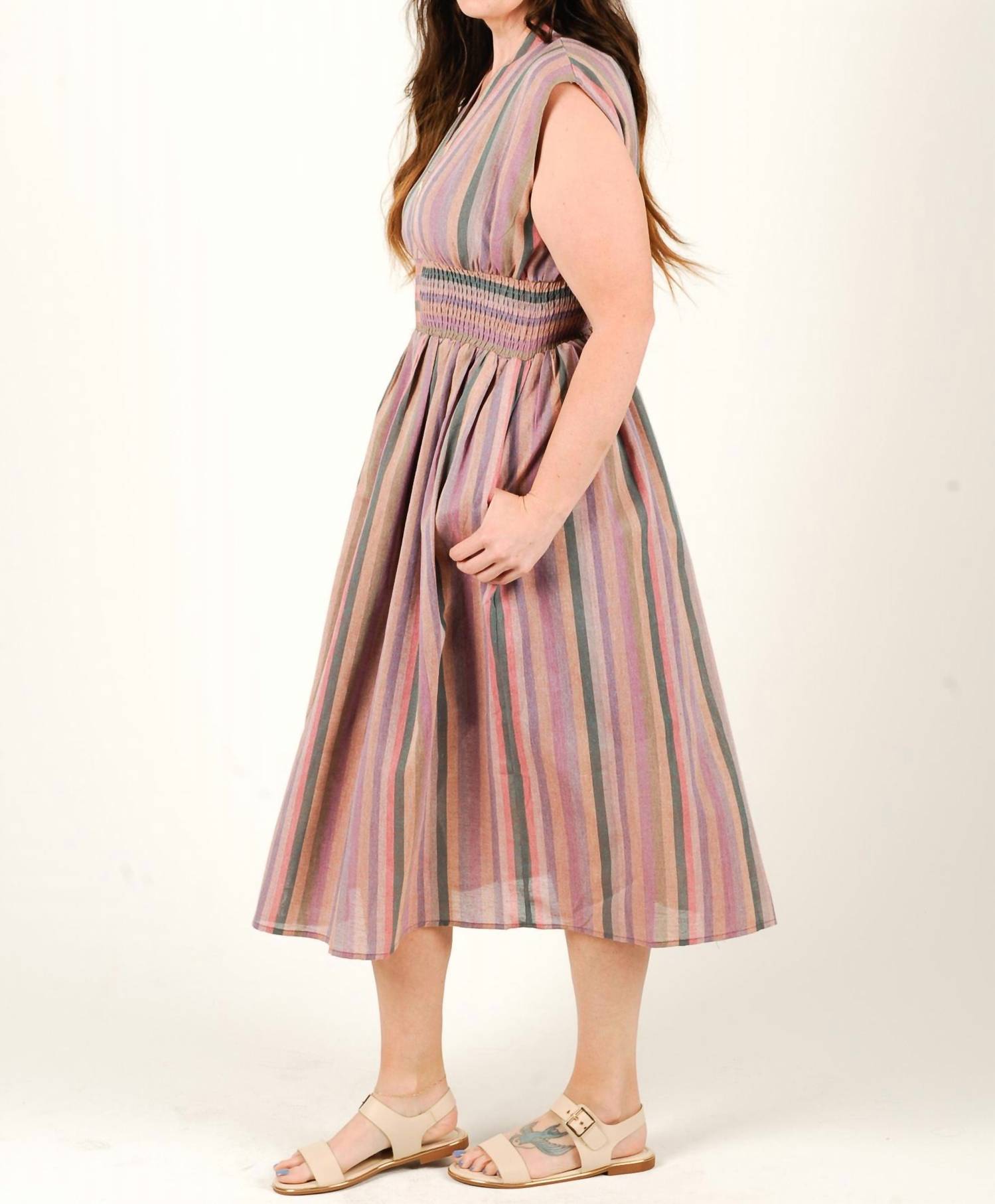 entro Acai Stripes Midi Dress in multi - women's dress - detail view