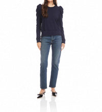 Fifteen Twenty Leila Puff Sleeve Top in navy - women's long sleeve top - detail view
