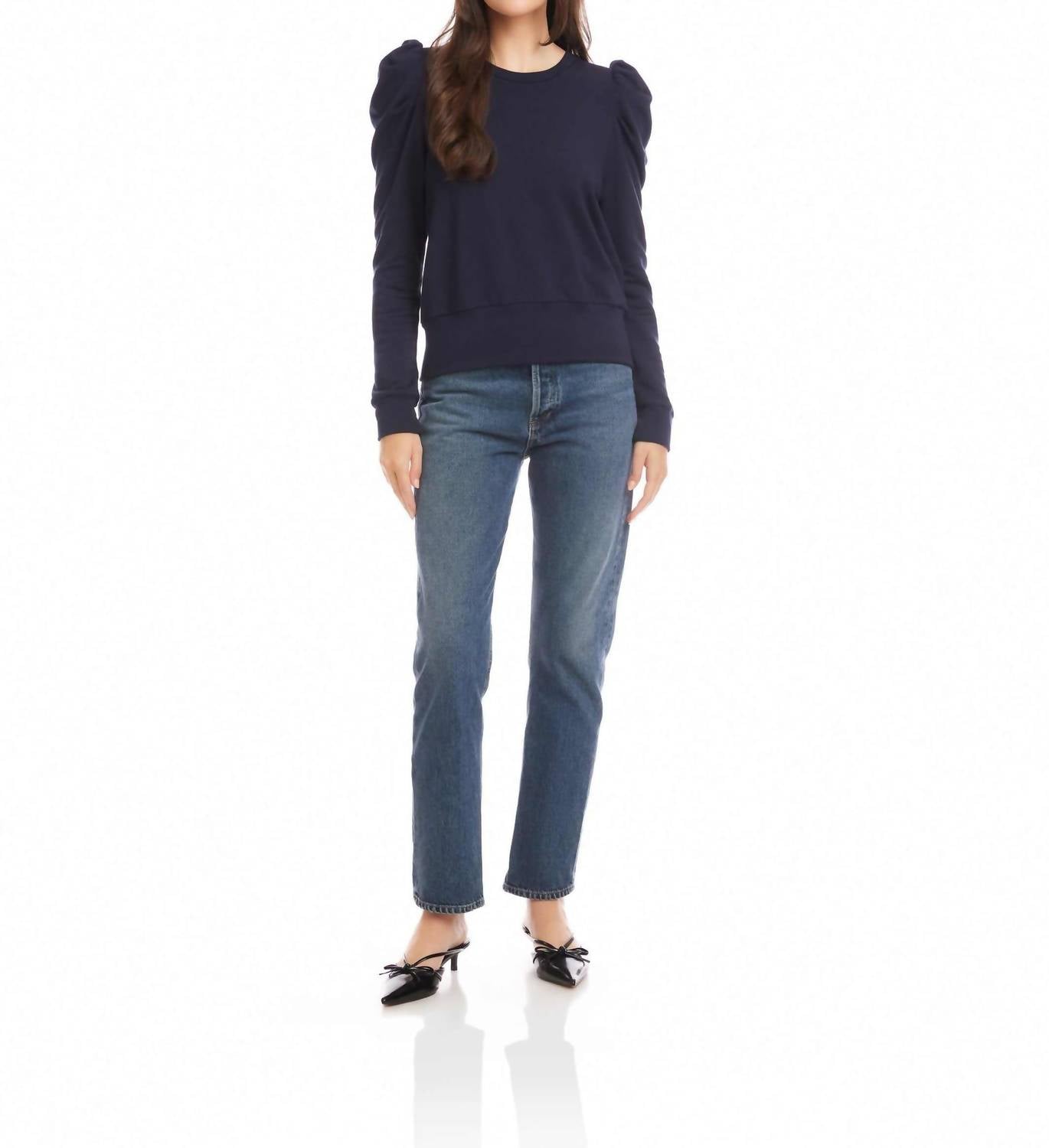 Fifteen Twenty Leila Puff Sleeve Top in navy - women's long sleeve top - detail view