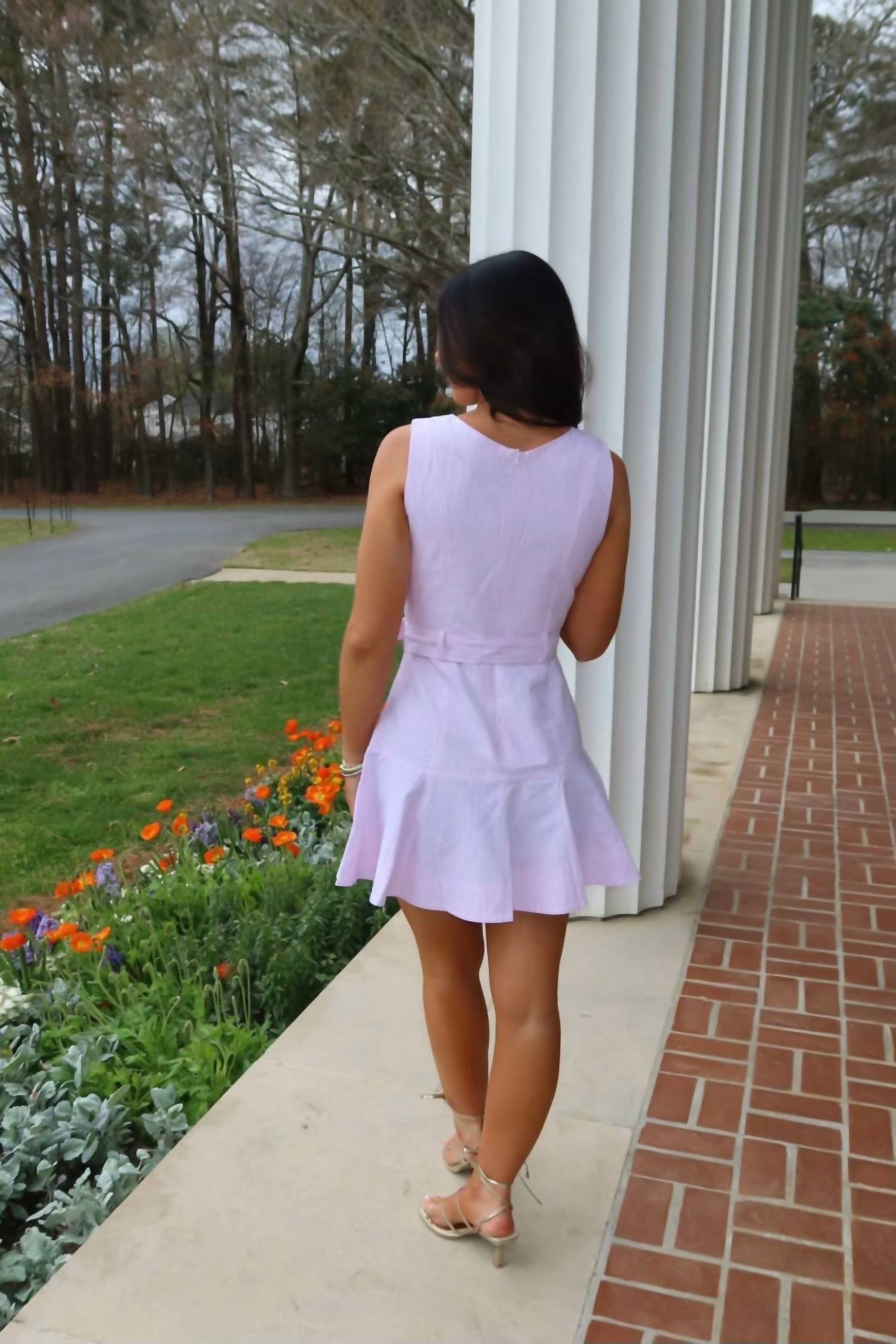 Tcec - V-neck Belted Ruffle Hem Dress