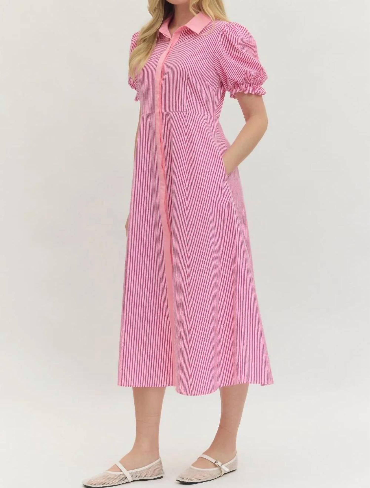 Entro - Stripe Print Short Puff Sleeve Midi Dress