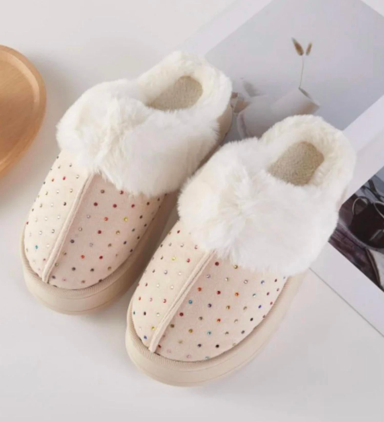 Wona Trading - Women's Rhinestone Embellished Fuzzy Plush Home Indoor Floor Slippers