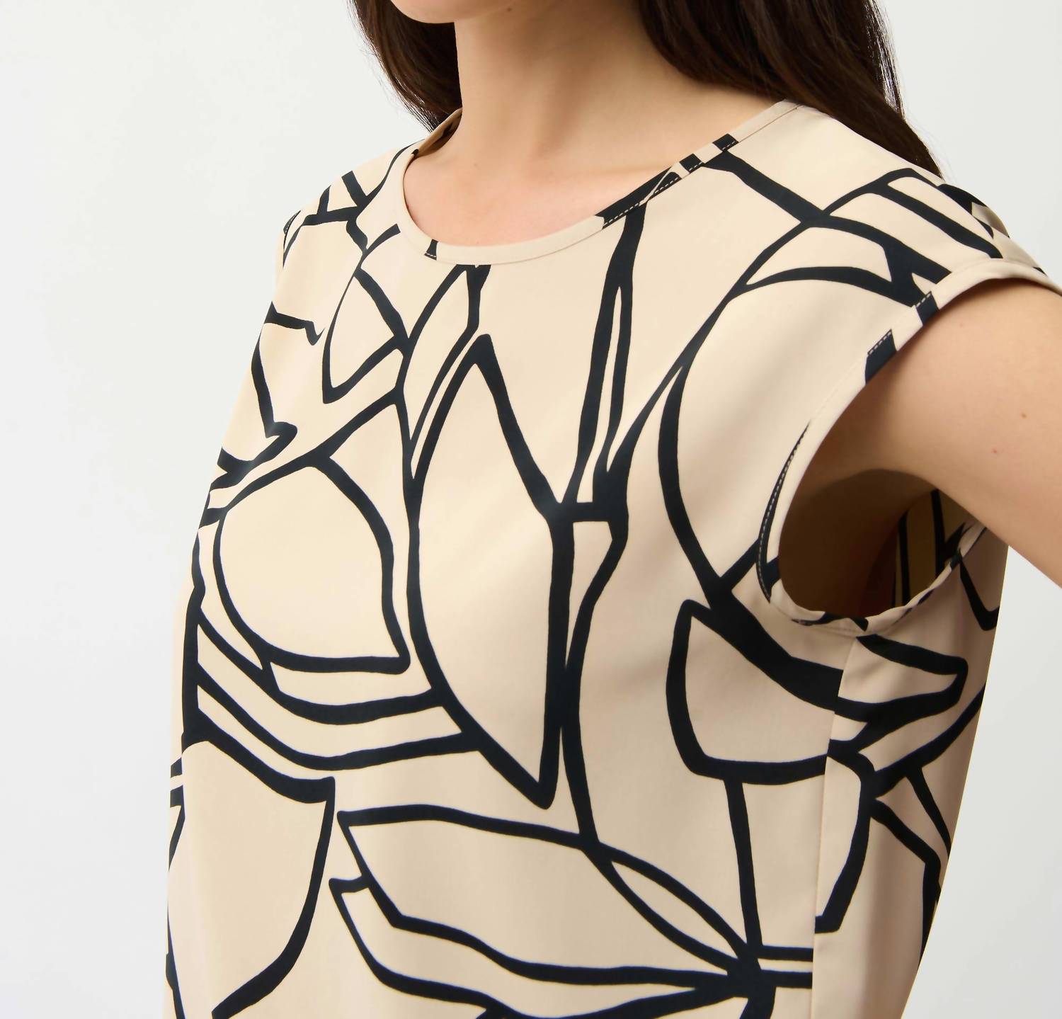 Joseph Ribkoff Recycled Woven Abstract Print Boxy Top in beige black - women's blouse - alternate view