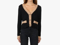 Autumn Cashmere Fringed Trimmed V-neck Jacket in black combo - women's cardigan