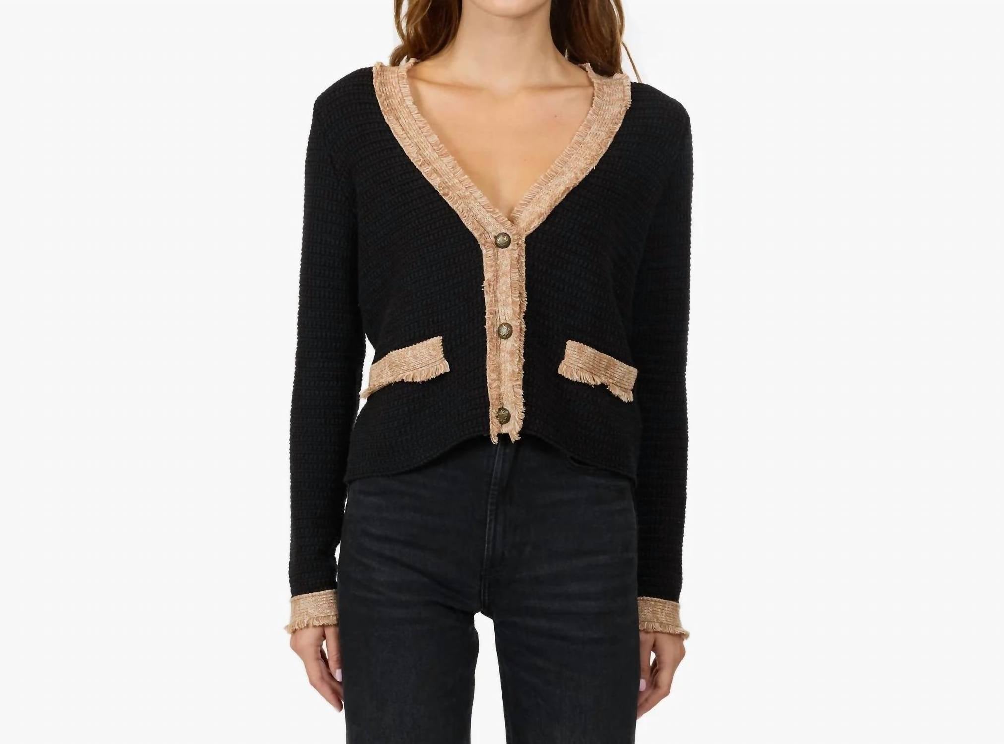 Autumn Cashmere Fringed Trimmed V-neck Jacket in black combo - women's cardigan