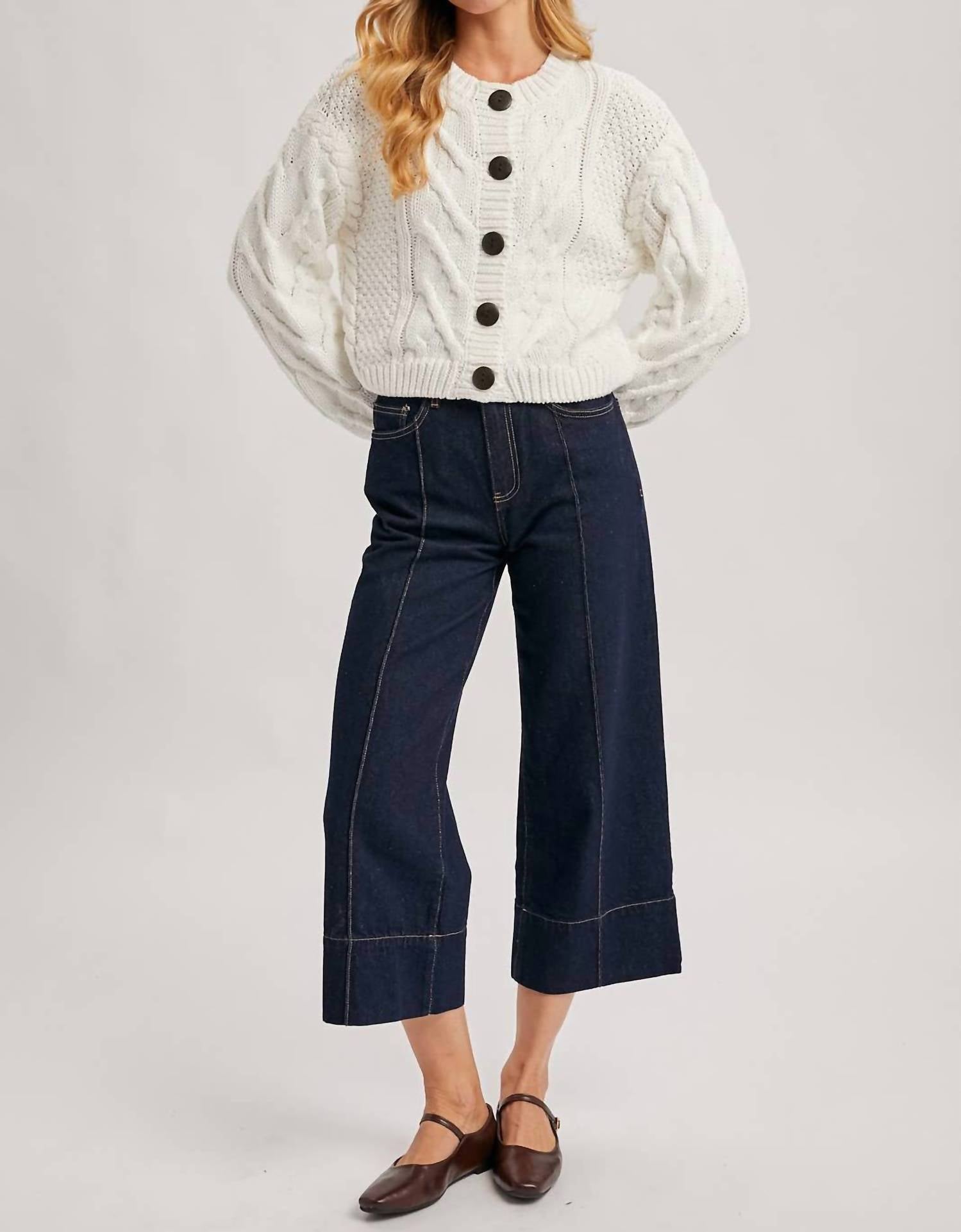 Bluivy - Cropped Button Front Cable Knit Cardigan