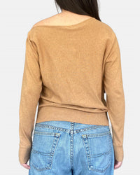 Minnie Rose Cotton Cashmere Off The Shoulder Top in camel - women's sweater - detail view