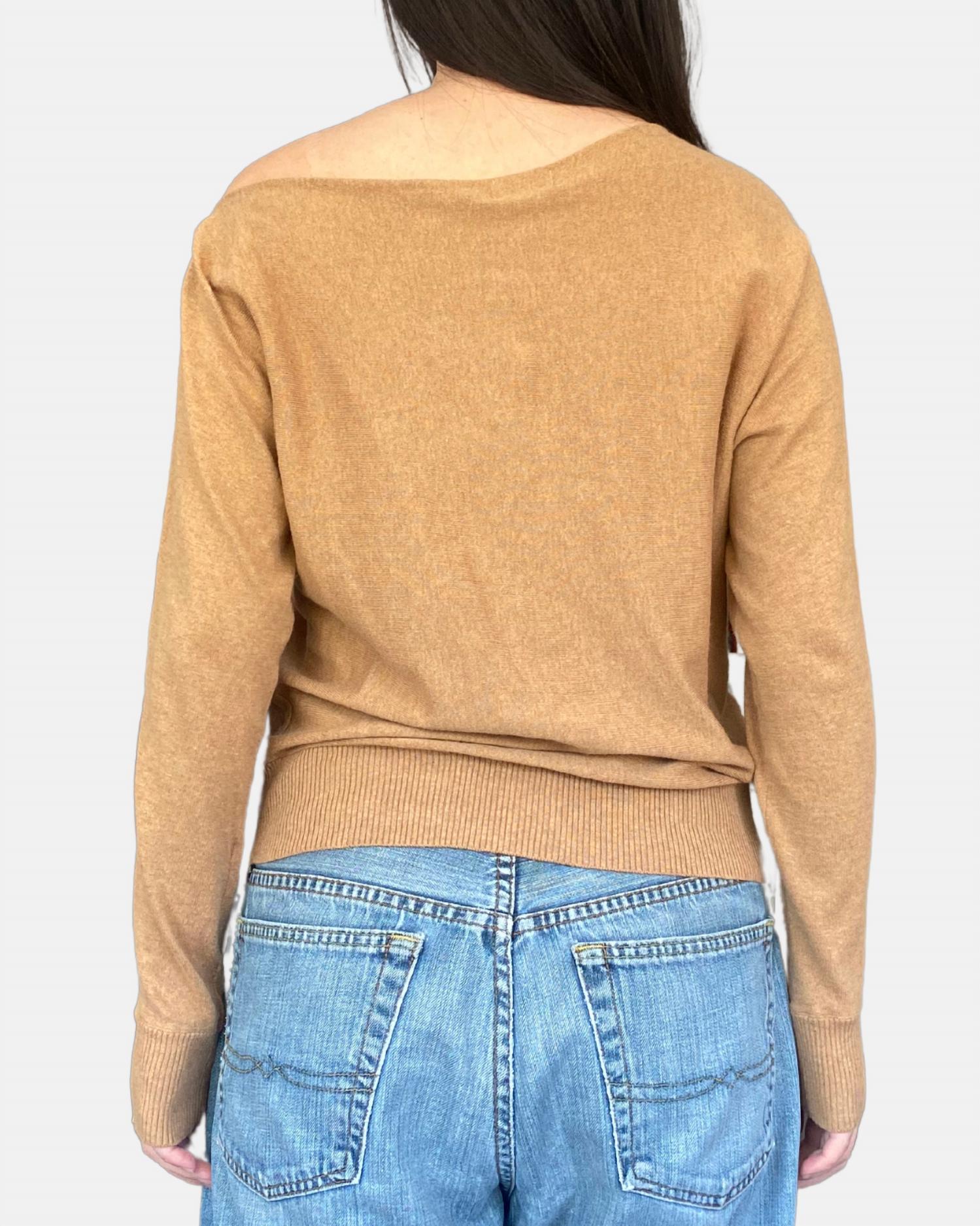 Minnie Rose Cotton Cashmere Off The Shoulder Top in camel - women's sweater - detail view