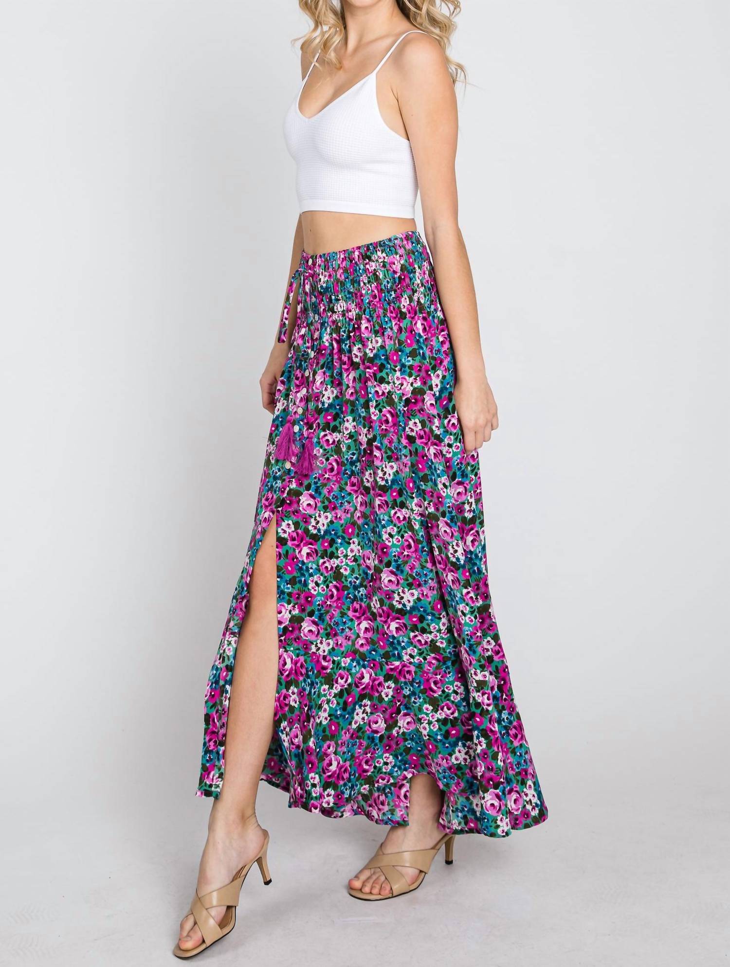 Ee:Some - Floral Maxi Skirt With Smocked Waist & Button Front