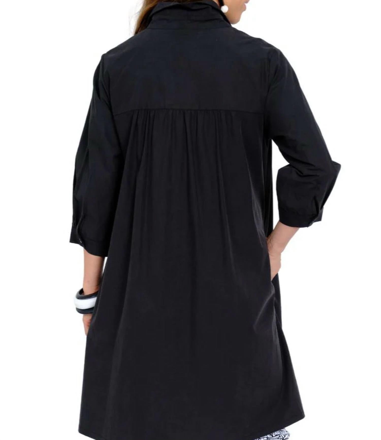 LIOR Solid Button Front Mini Tunic Dress With Piping in black - women's dress - detail view