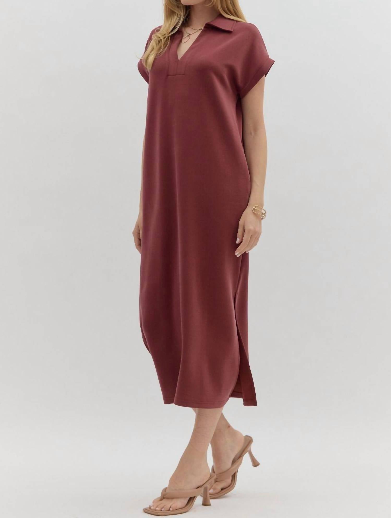 Entro - Solid Split Collar Midi Dress