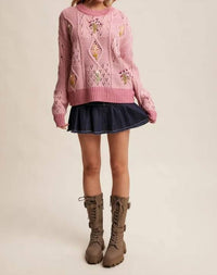 Listicle - Embroidered Flower Detail Checkered Knit Sweater