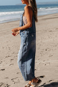 1 the Woman Distressed Pocketed Wide Leg Capri Denim Overall in stone blue - women's pants - alternate view