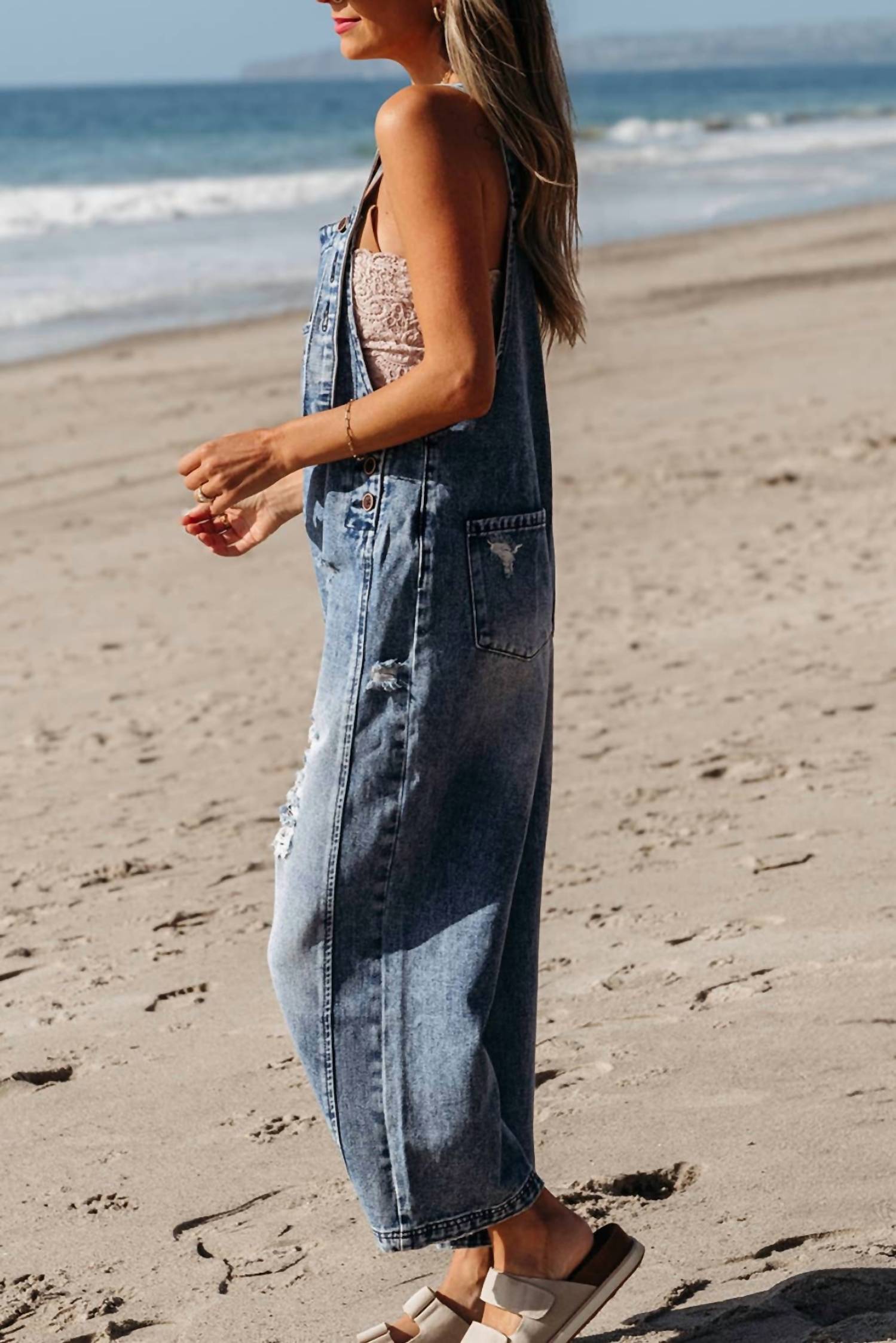 1 the Woman Distressed Pocketed Wide Leg Capri Denim Overall in stone blue - women's pants - alternate view